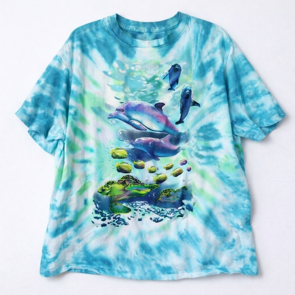Ocean Life Graphic T-Shirt XL Tie-Dye Dolphins Turtles Y2K Vibes Mighty Fine